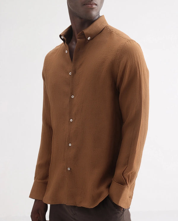 Rare Rabbit Men's Lucis Rust Linen Fabric Full Sleeves Collared Neck Button Closure Plain Shirt