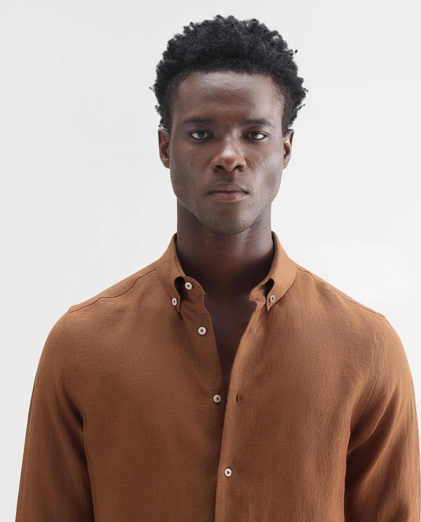 Rare Rabbit Men's Lucis Rust Linen Fabric Full Sleeves Collared Neck Button Closure Plain Shirt
