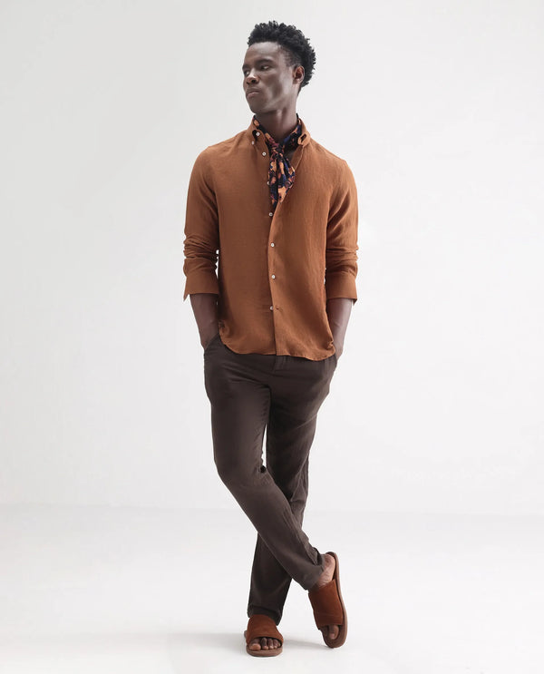 Rare Rabbit Men's Lucis Rust Linen Fabric Full Sleeves Collared Neck Button Closure Plain Shirt