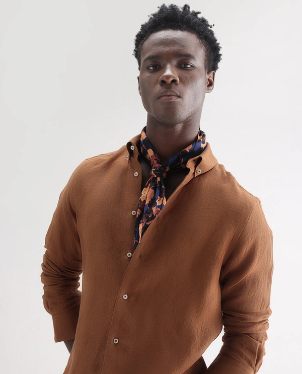 Rare Rabbit Men's Lucis Rust Linen Fabric Full Sleeves Collared Neck Button Closure Plain Shirt