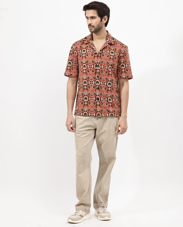 Rare Rabbit Men's Lueno Rust Cotton Polyester Fabric Short Sleeves Cuban Collar Boxy Fit Jacquard Textured Shirt