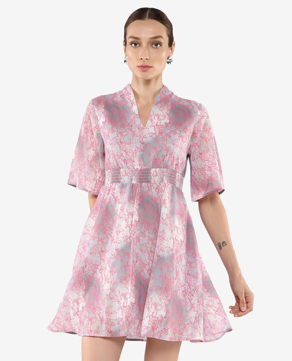 Rareism Women's Luffy Grey Flared Sleeve Abstract Print Dress