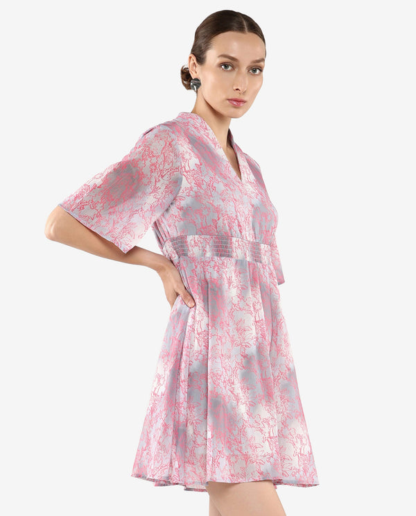Rareism Women's Luffy Grey Flared Sleeve Abstract Print Dress