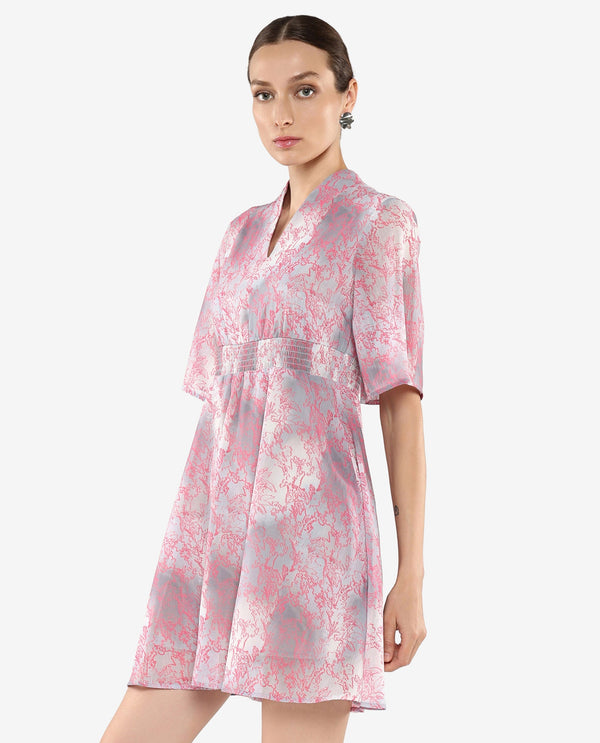 Rareism Women's Luffy Grey Flared Sleeve Abstract Print Dress