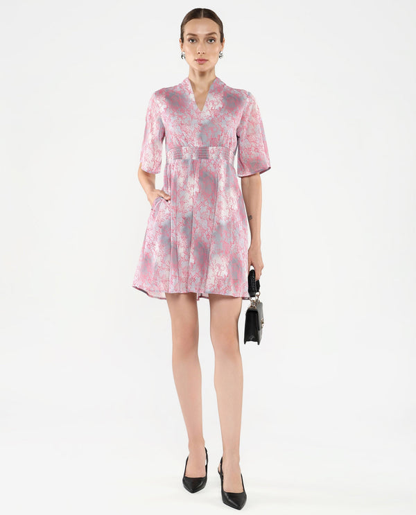 Rareism Women's Luffy Grey Flared Sleeve Abstract Print Dress