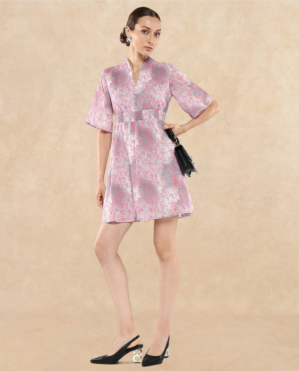Rareism Women Luffy Grey Flared Sleeve Abstract Print Dress
