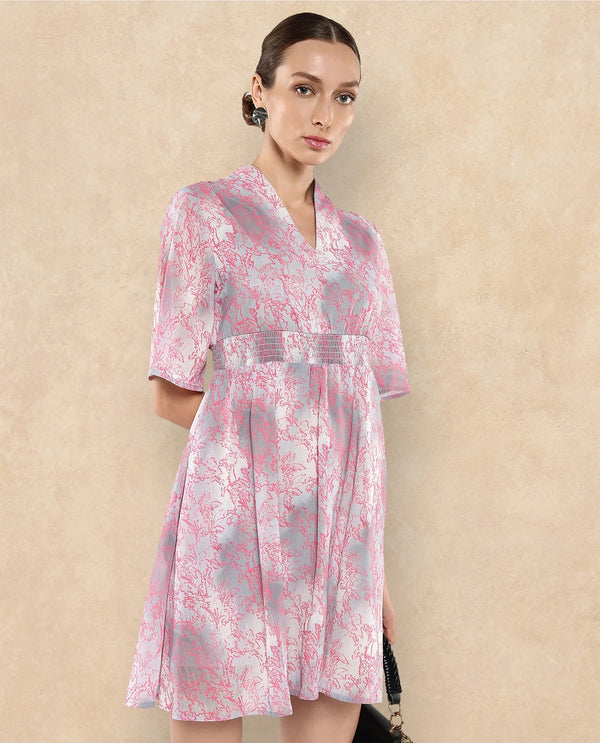 Rareism Women Luffy Grey Flared Sleeve Abstract Print Dress