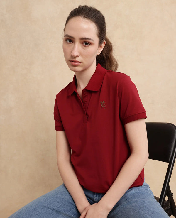Rareism Women Lugano Maroon Cotton Poly Fabric Short Sleeve Polo Collar Button Closure Plain Polo