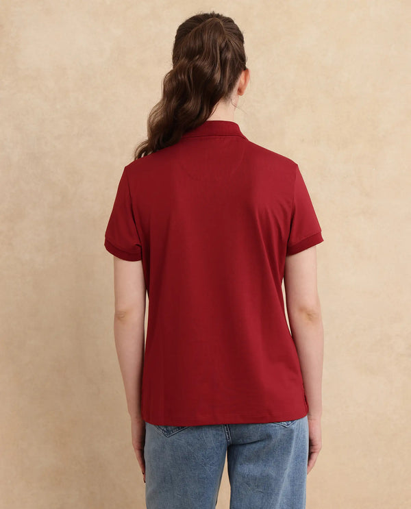 Rareism Women Lugano Maroon Cotton Poly Fabric Short Sleeve Polo Collar Button Closure Plain Polo