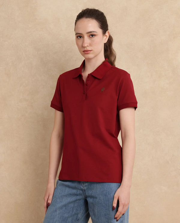 Rareism Women Lugano Maroon Cotton Poly Fabric Short Sleeve Polo Collar Button Closure Plain Polo
