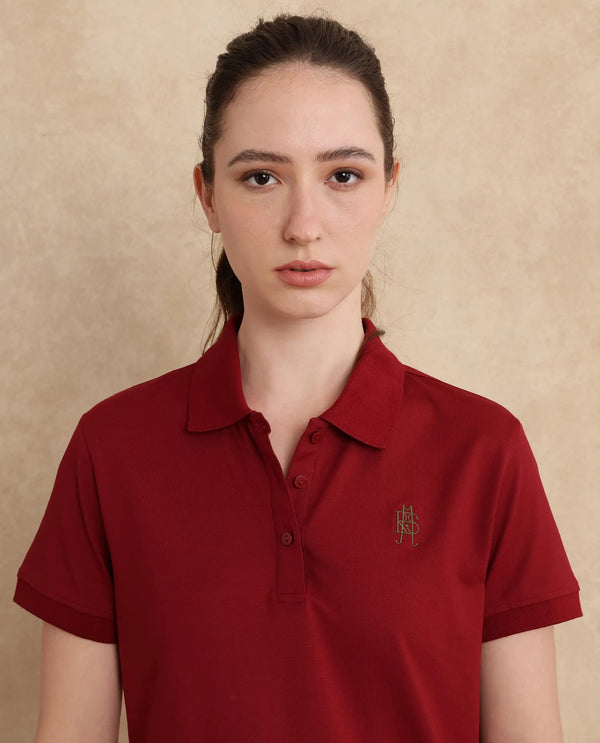 Rareism Women Lugano Maroon Cotton Poly Fabric Short Sleeve Polo Collar Button Closure Plain Polo
