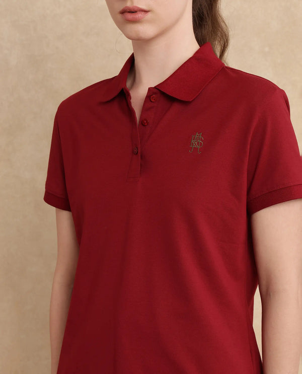 Rareism Women Lugano Maroon Cotton Poly Fabric Short Sleeve Polo Collar Button Closure Plain Polo