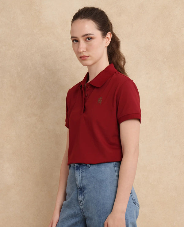 Rareism Women Lugano Maroon Cotton Poly Fabric Short Sleeve Polo Collar Button Closure Plain Polo