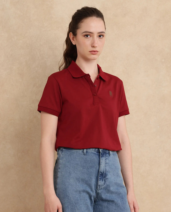 Rareism Women Lugano Maroon Cotton Poly Fabric Short Sleeve Polo Collar Button Closure Plain Polo