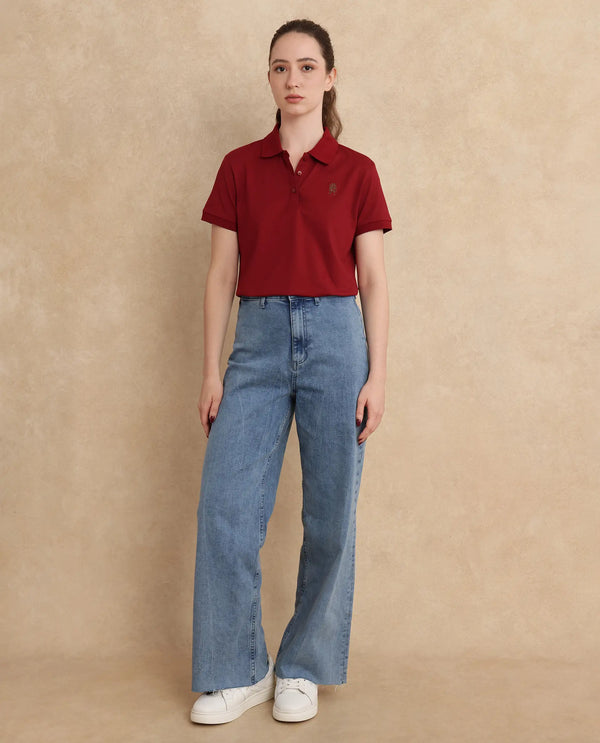 Rareism Women Lugano Maroon Cotton Poly Fabric Short Sleeve Polo Collar Button Closure Plain Polo