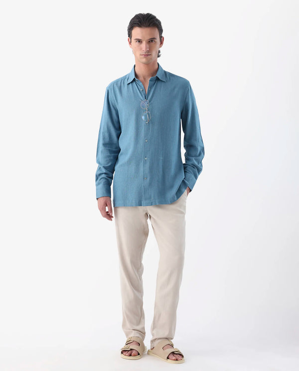 Rare Rabbit Men's Lunet Light Blue Linen Full Sleeves Solid Shirt