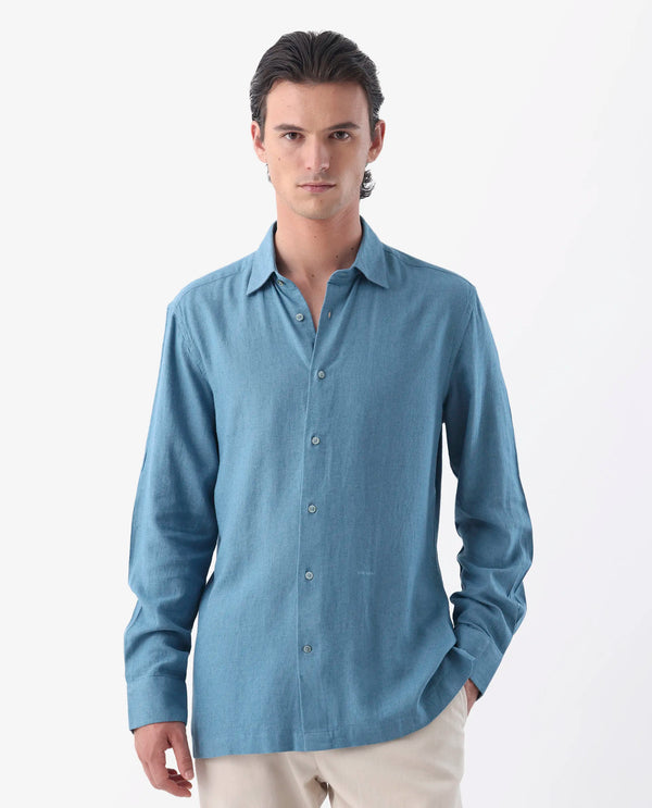 Rare Rabbit Men's Lunet Light Blue Linen Full Sleeves Solid Shirt