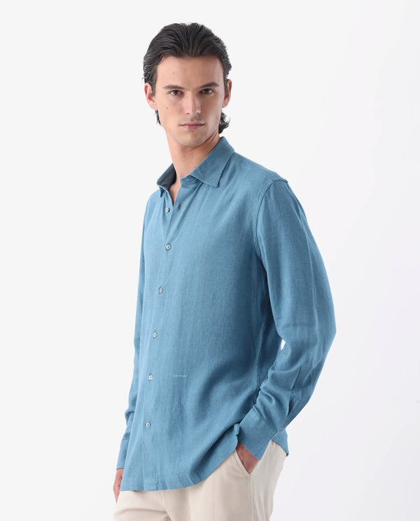 Rare Rabbit Men's Lunet Light Blue Linen Full Sleeves Solid Shirt