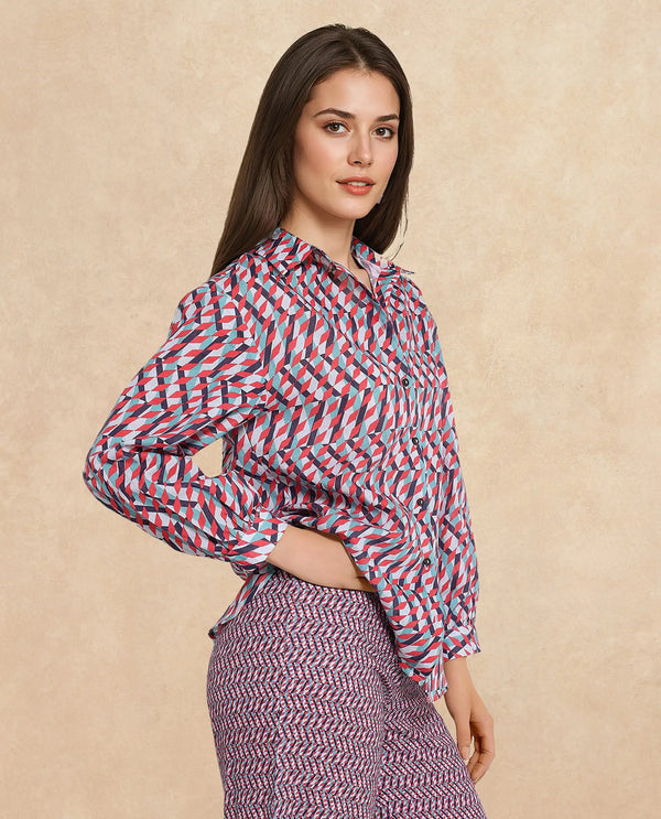 Rareism Women Luren Dark Multi Cuffed Sleeve Collared Neck Geometric Print Shirt
