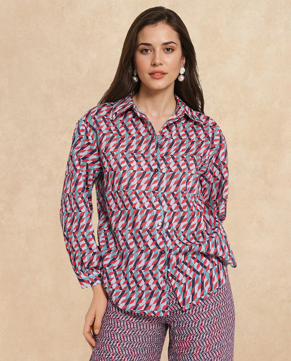 Rareism Women Luren Dark Multi Cuffed Sleeve Collared Neck Geometric Print Shirt