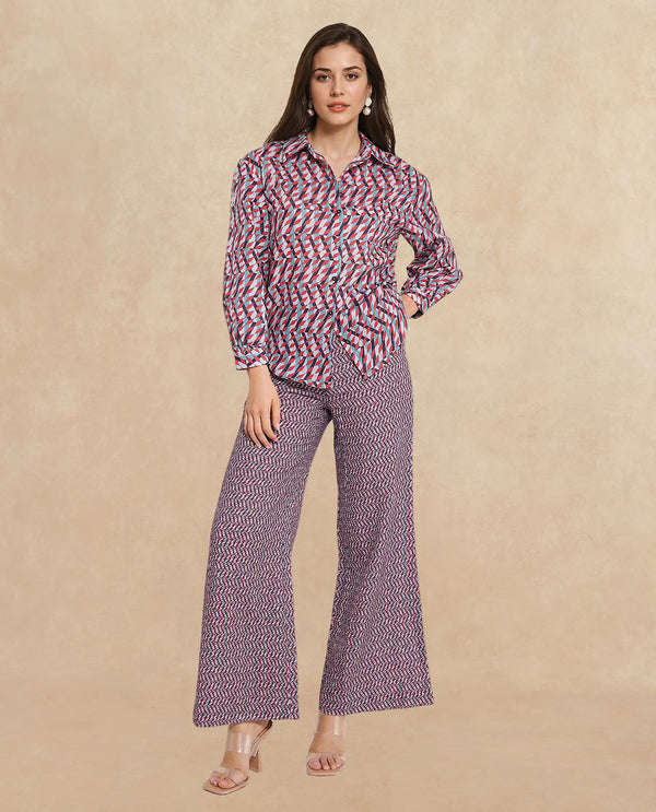 Rareism Women Luren Dark Multi Cuffed Sleeve Collared Neck Geometric Print Shirt