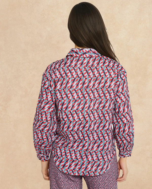 Rareism Women Luren Dark Multi Cuffed Sleeve Collared Neck Geometric Print Shirt