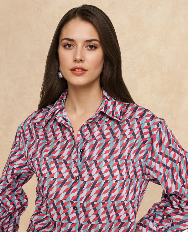 Rareism Women Luren Dark Multi Cuffed Sleeve Collared Neck Geometric Print Shirt