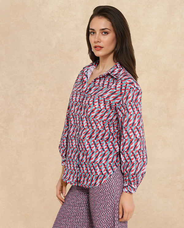 Rareism Women Luren Dark Multi Cuffed Sleeve Collared Neck Geometric Print Shirt