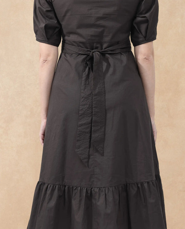 Rareism Women Lusine Brown Cotton Fabric Full Sleeve Round Neck Solid Regular Fit Dress