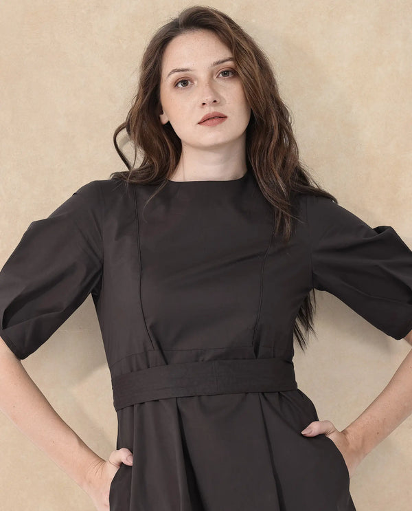 Rareism Women Lusine Brown Cotton Fabric Full Sleeve Round Neck Solid Regular Fit Dress