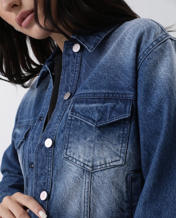 Rareism Women Luvy Blue Cotton Fabric Full Sleeve Collared Neck Regular Fit Plain Jacket