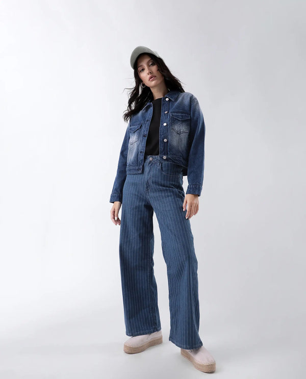 Rareism Women Luvy Blue Cotton Fabric Full Sleeve Collared Neck Regular Fit Plain Jacket