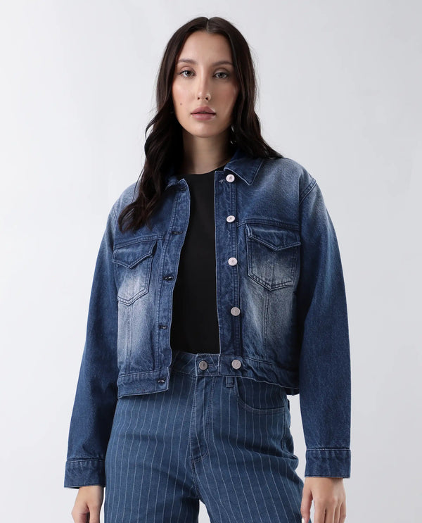 Rareism Women Luvy Blue Cotton Fabric Full Sleeve Collared Neck Regular Fit Plain Jacket