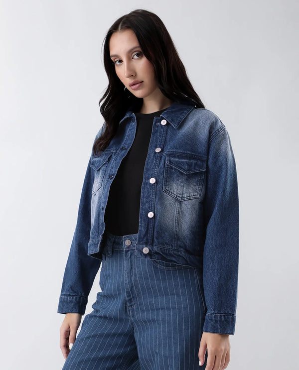 Rareism Women Luvy Blue Cotton Fabric Full Sleeve Collared Neck Regular Fit Plain Jacket