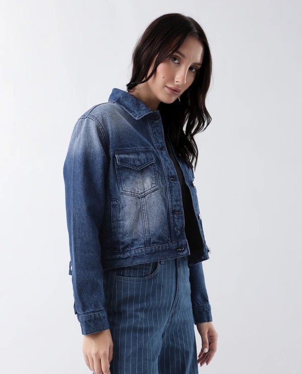 Rareism Women Luvy Blue Cotton Fabric Full Sleeve Collared Neck Regular Fit Plain Jacket