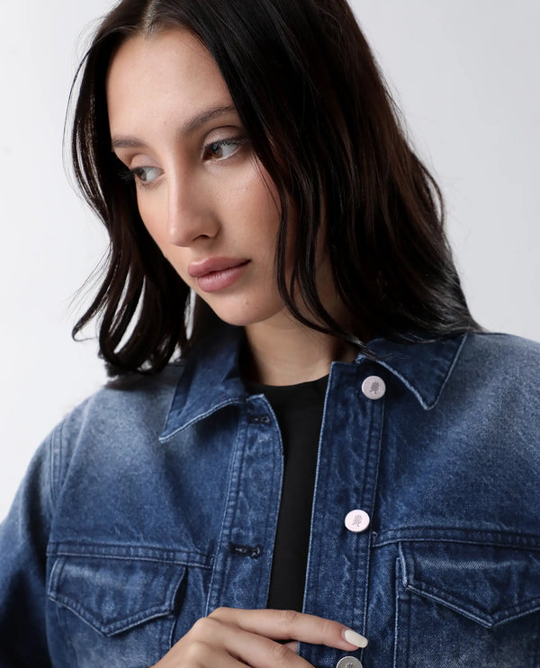 Rareism Women Luvy Blue Cotton Fabric Full Sleeve Collared Neck Regular Fit Plain Jacket
