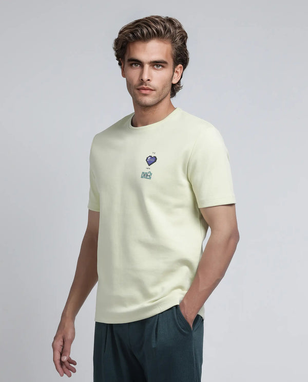 Rare Rabbit Men Luxa Pastel Yellow Cotton Blend Fabric Short Sleeve Crew Neck HD Print Pocket Placement T-Shirt