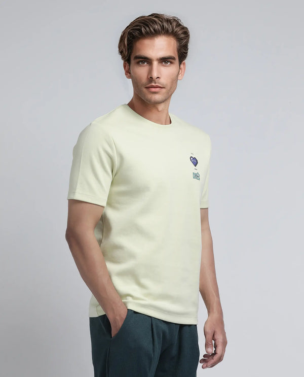 Rare Rabbit Men Luxa Pastel Yellow Cotton Blend Fabric Short Sleeve Crew Neck HD Print Pocket Placement T-Shirt