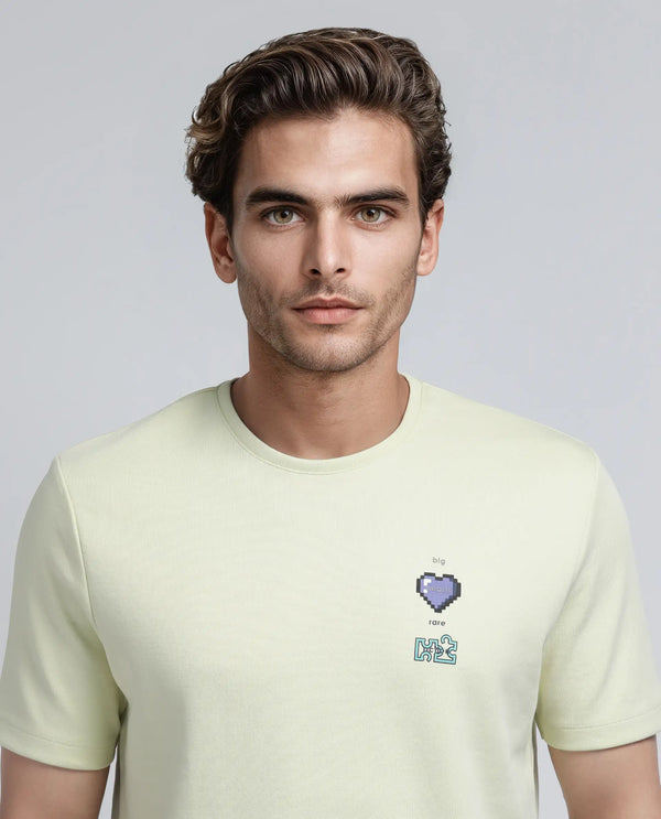 Rare Rabbit Men Luxa Pastel Yellow Cotton Blend Fabric Short Sleeve Crew Neck HD Print Pocket Placement T-Shirt
