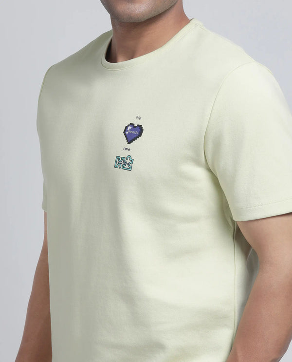 Rare Rabbit Men Luxa Pastel Yellow Cotton Blend Fabric Short Sleeve Crew Neck HD Print Pocket Placement T-Shirt