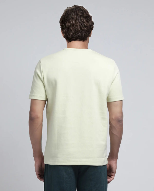 Rare Rabbit Men Luxa Pastel Yellow Cotton Blend Fabric Short Sleeve Crew Neck HD Print Pocket Placement T-Shirt