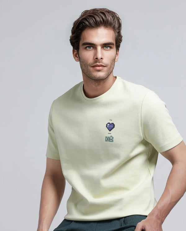 Rare Rabbit Men Luxa Pastel Yellow Cotton Blend Fabric Short Sleeve Crew Neck HD Print Pocket Placement T-Shirt