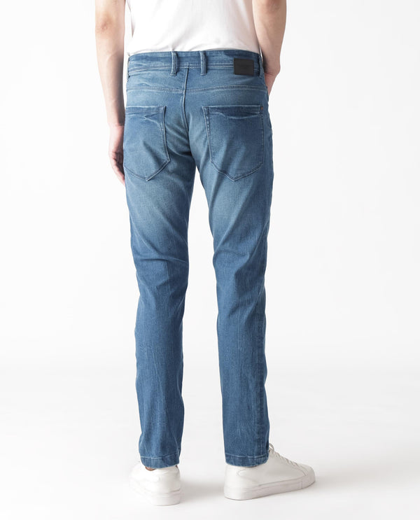 Rare Rabbit Men's Luxen Blue Mid Wash Mid-Rise Distressed Slim Fit Jeans