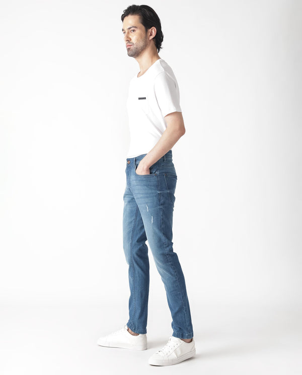 Rare Rabbit Men's Luxen Blue Mid Wash Mid-Rise Distressed Slim Fit Jeans