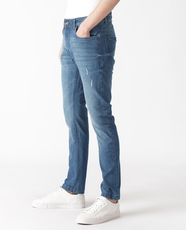 Rare Rabbit Men's Luxen Blue Mid Wash Mid-Rise Distressed Slim Fit Jeans