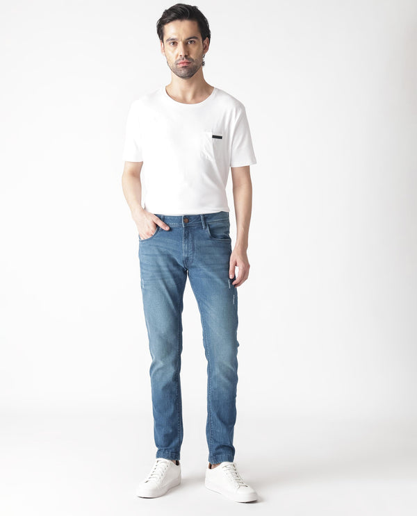 Rare Rabbit Men's Luxen Blue Mid Wash Mid-Rise Distressed Slim Fit Jeans