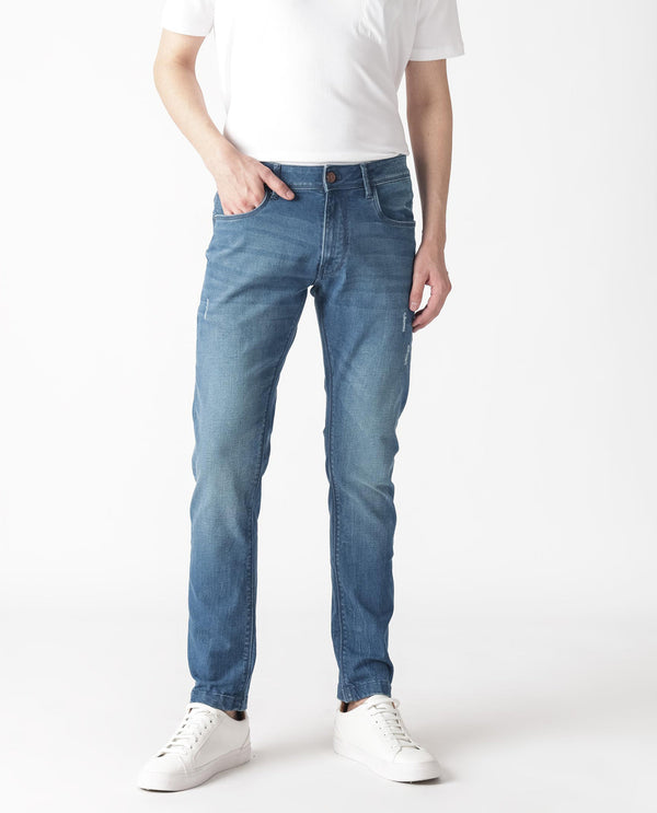 Rare Rabbit Men's Luxen Blue Mid Wash Mid-Rise Distressed Slim Fit Jeans