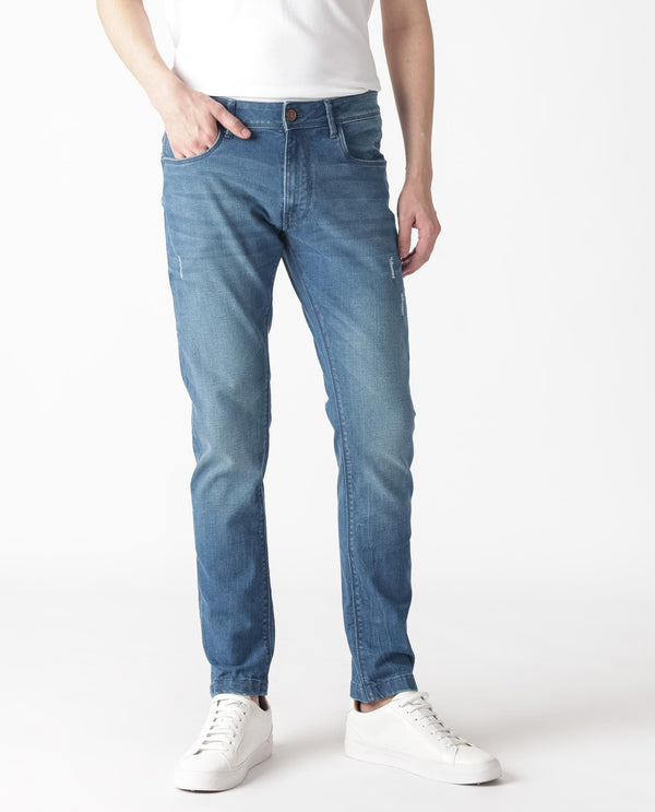 Rare Rabbit Men's Luxen Blue Mid Wash Mid-Rise Distressed Slim Fit Jeans