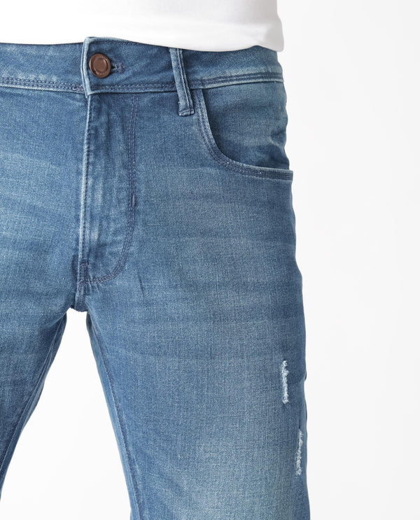 Rare Rabbit Men's Luxen Blue Mid Wash Mid-Rise Distressed Slim Fit Jeans