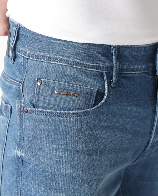 Rare Rabbit Men's Luxen Blue Mid Wash Mid-Rise Distressed Slim Fit Jeans